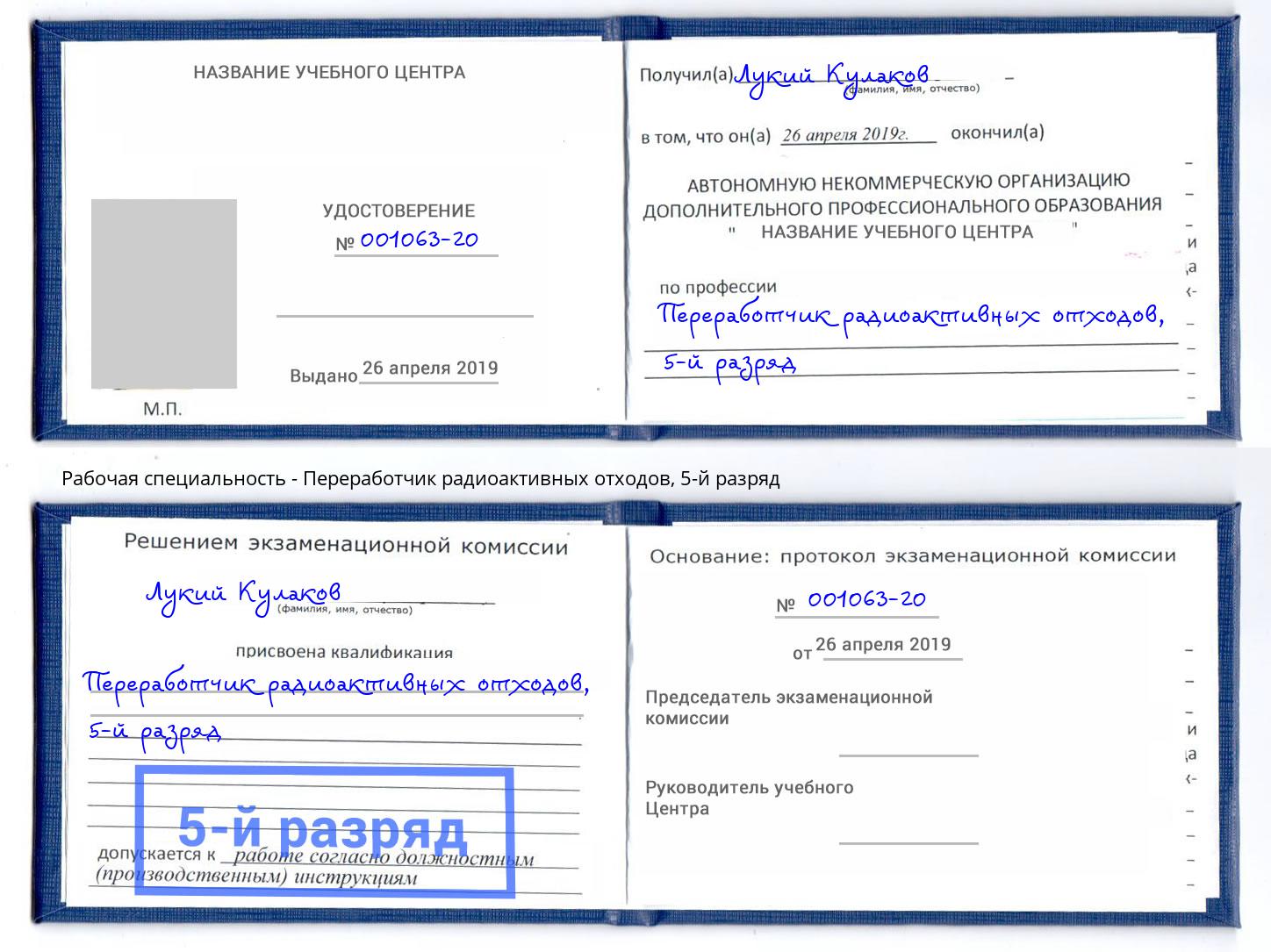 корочка 5-й разряд Переработчик радиоактивных отходов Назрань