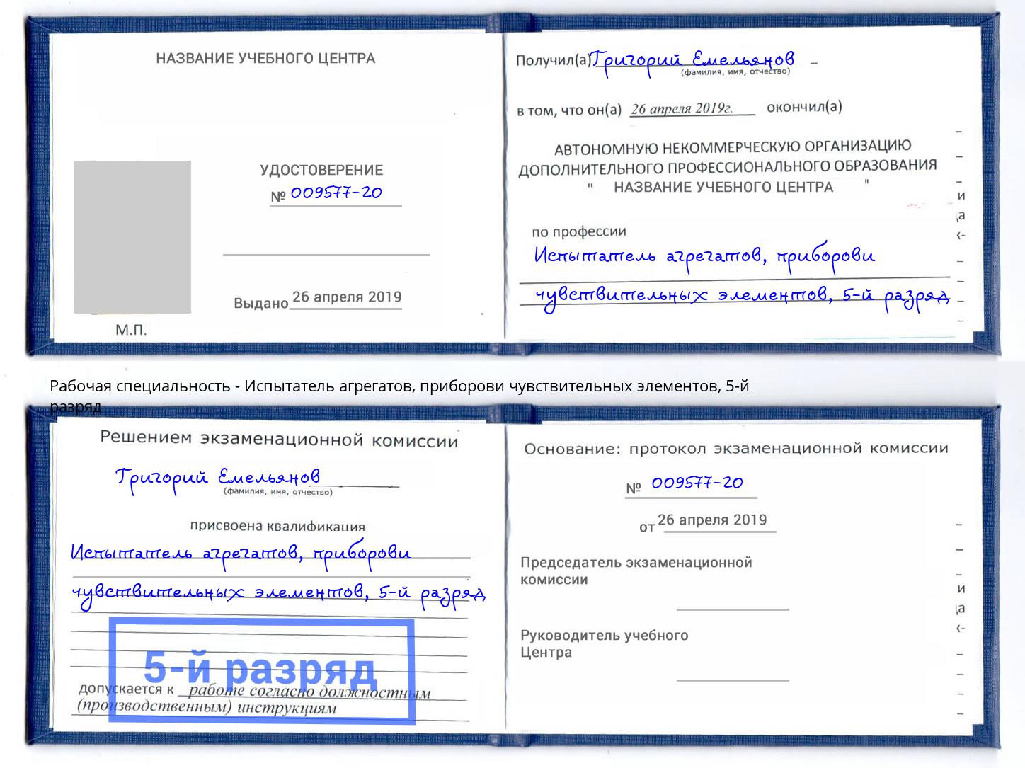 корочка 5-й разряд Испытатель агрегатов, приборови чувствительных элементов Назрань