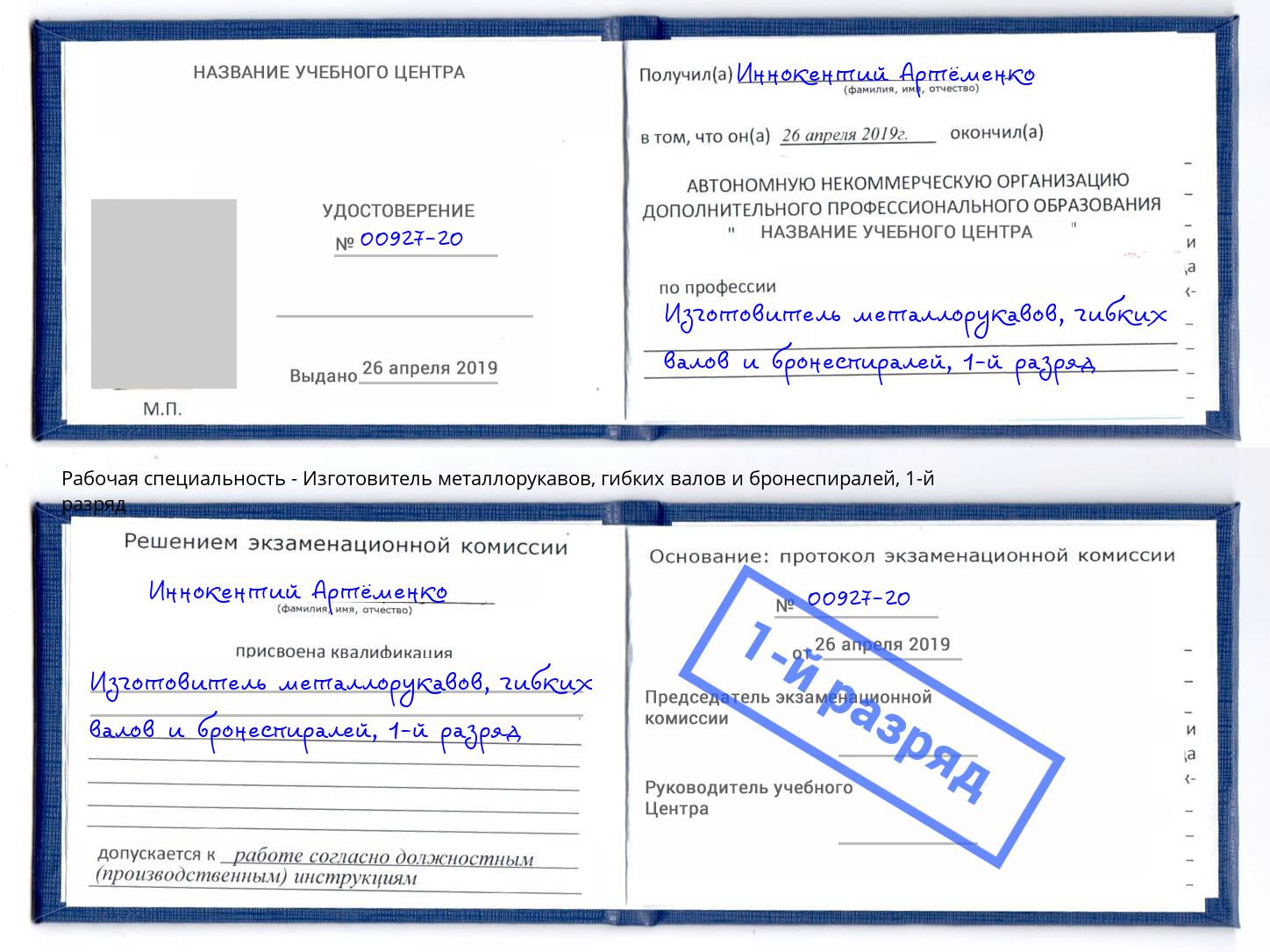 корочка 1-й разряд Изготовитель металлорукавов, гибких валов и бронеспиралей Назрань