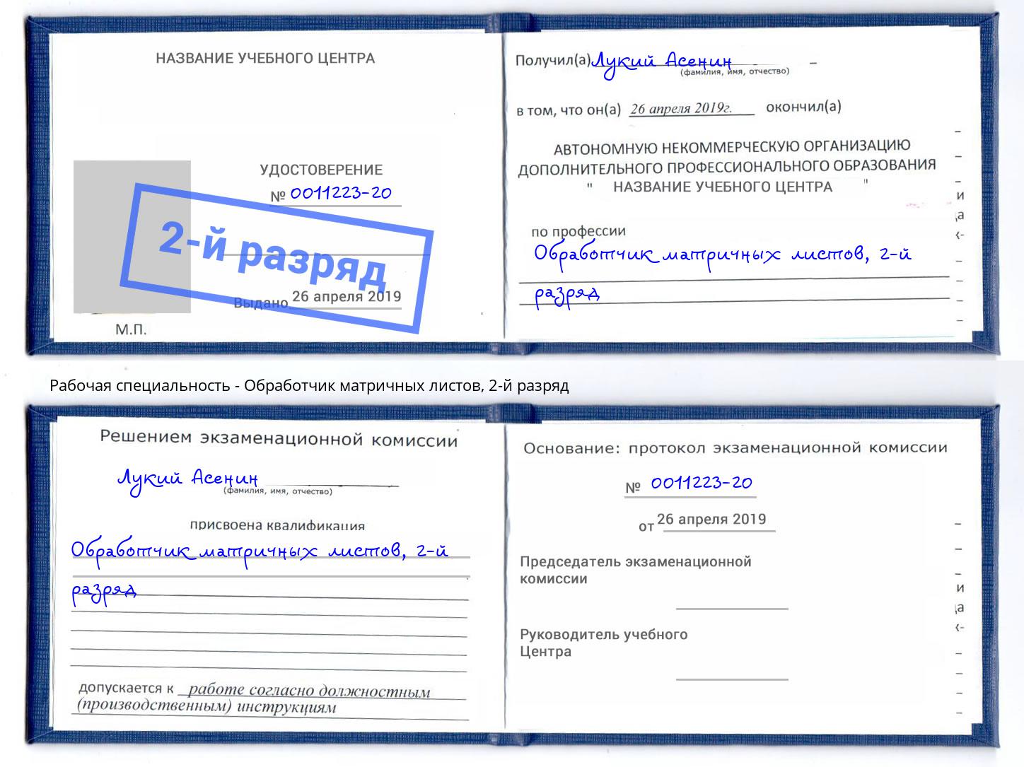 корочка 2-й разряд Обработчик матричных листов Назрань