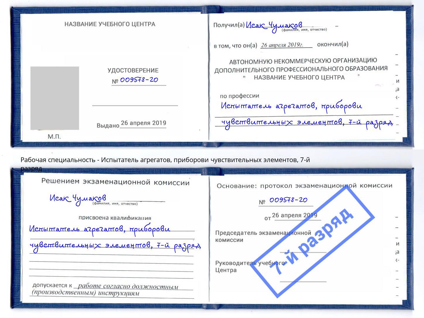 корочка 7-й разряд Испытатель агрегатов, приборови чувствительных элементов Назрань